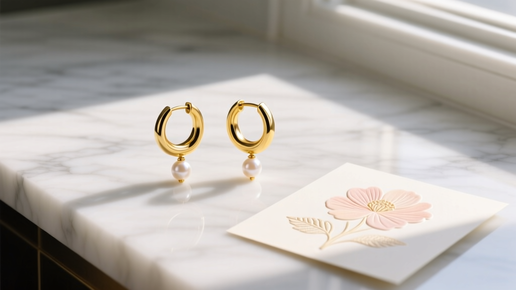 Elegant flat lay of 14k yellow gold huggie and pearl drop earrings on marble with soft morning light and a floral greeting card.