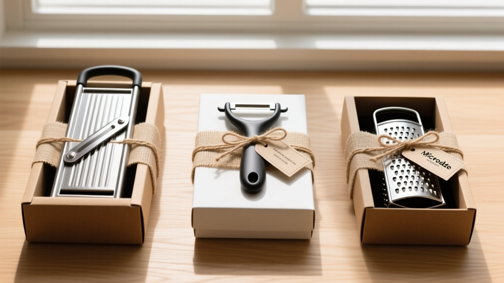 Flat lay of premium kitchen gift boxes containing a Japanese mandoline slicer, a Y-peeler, and a Microplane zester wrapped in rustic kraft paper