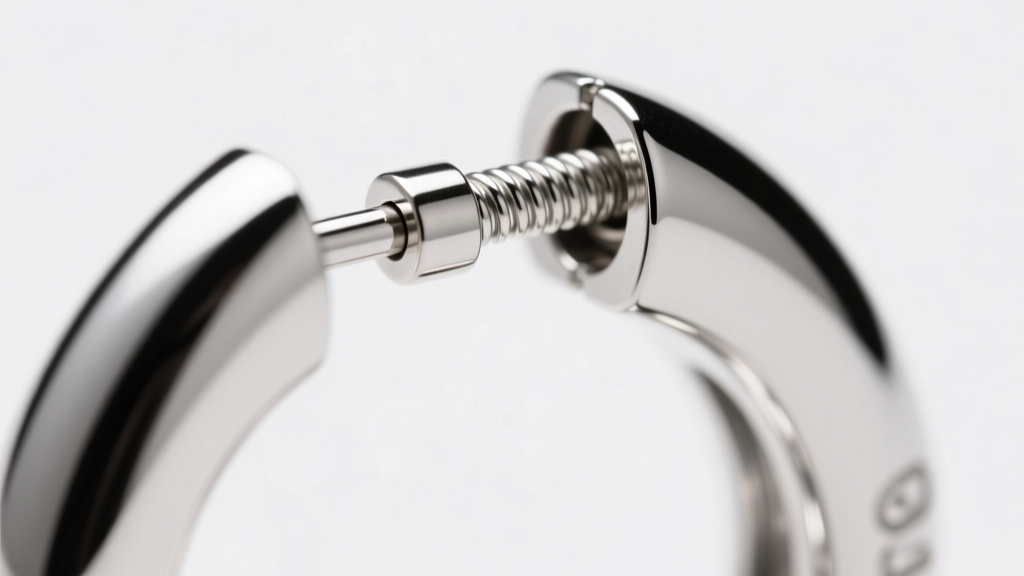 Detailed photo of the internal hinge and locking clasp of an 18-gauge sterling silver huggie earring under bright studio lighting.