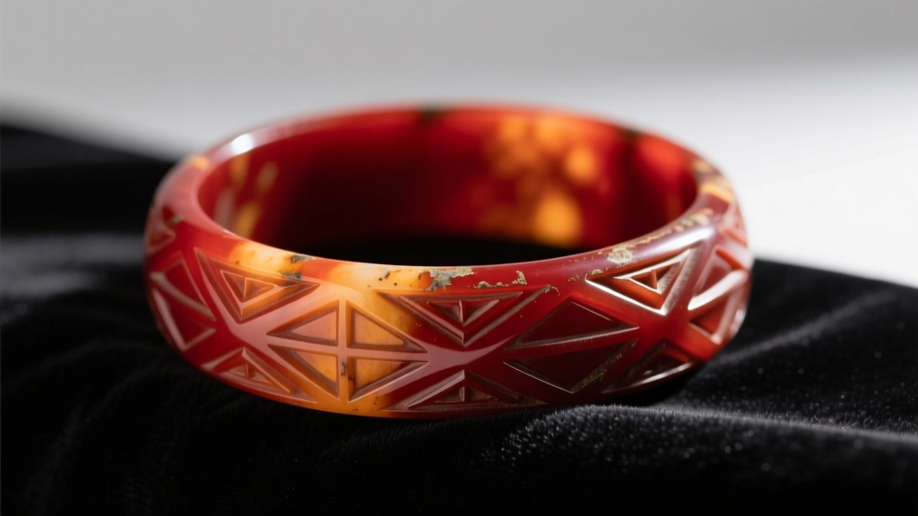 Macro shot of a carved cherry-red Bakelite bangle on dark velvet, showing its deep patina and geometric Art Deco carving details.