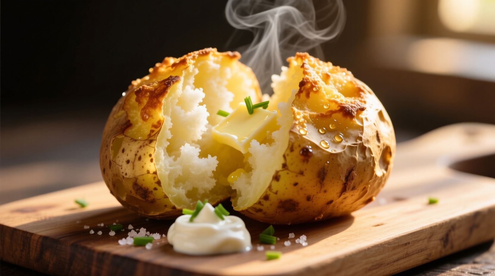 Golden baked potato with fluffy interior and crispy skin