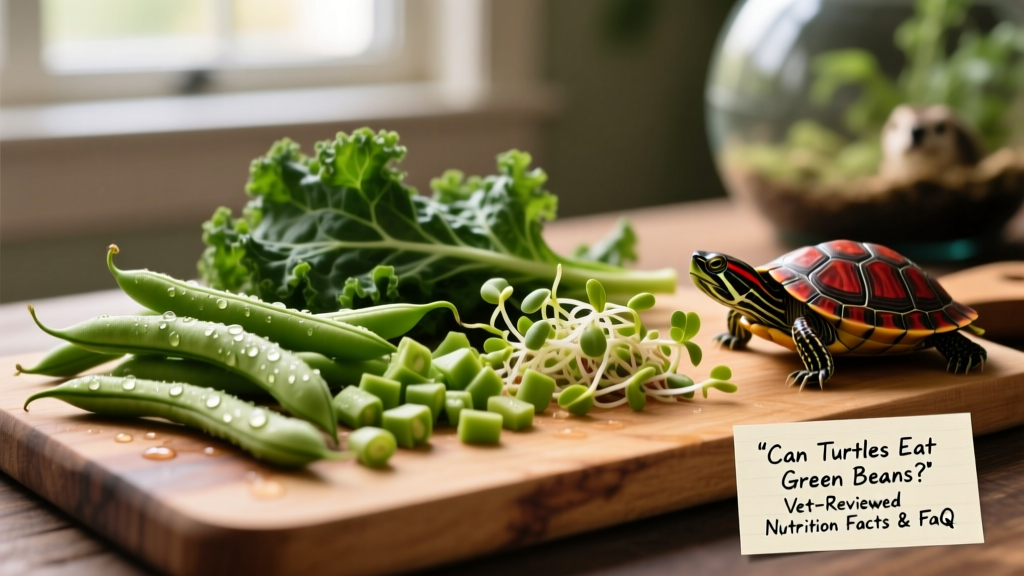 Close-up of chopped raw green beans placed beside turtle-safe vegetables like kale and duckweed