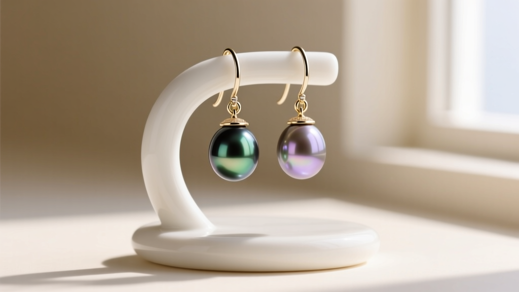 Tahitian pearl drop earrings on 18k white gold French wire hooks, displayed elegantly on a minimalist white ceramic jewelry stand.