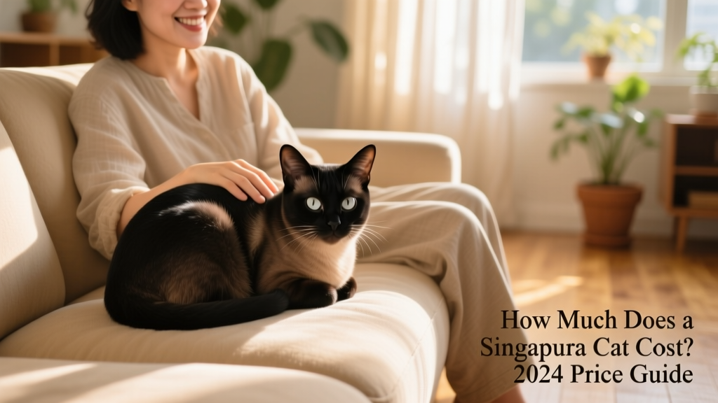 A smiling adult Singapura cat curled up beside its owner on a sunlit couch, both relaxed and content