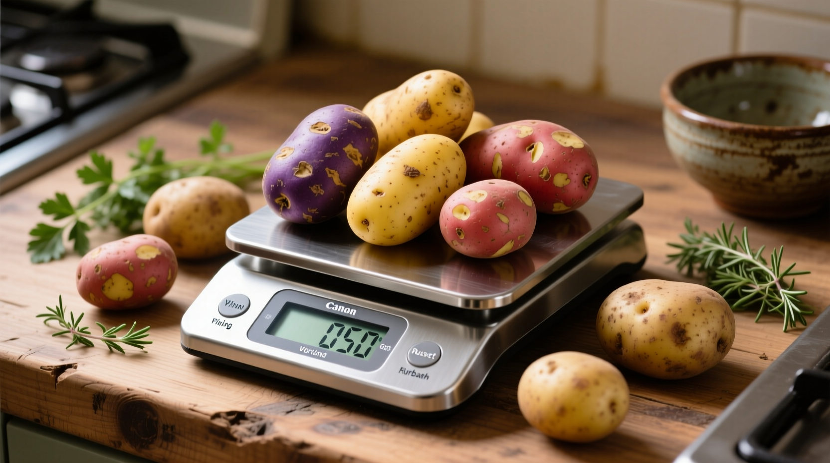 Different potato varieties on kitchen scale