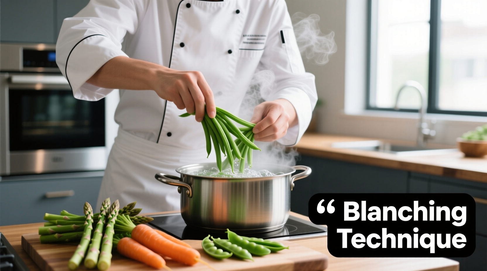 Chef demonstrating vegetable blanching technique