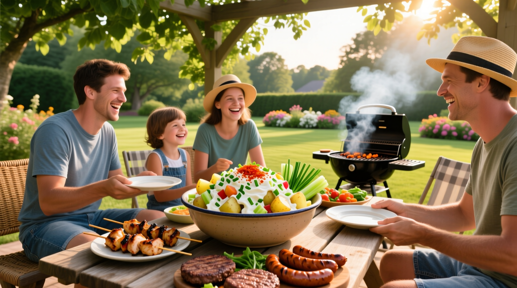 Family enjoying potato salad with grilled meats at summer barbecue