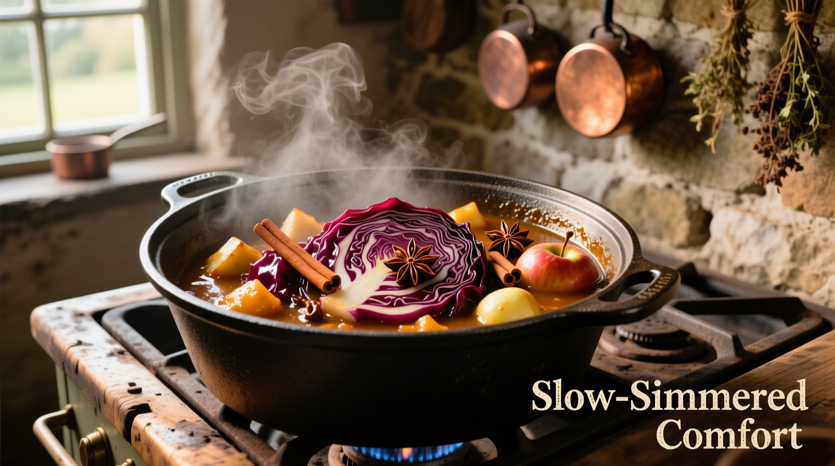 Braised red cabbage with apples and spices in cast iron pot