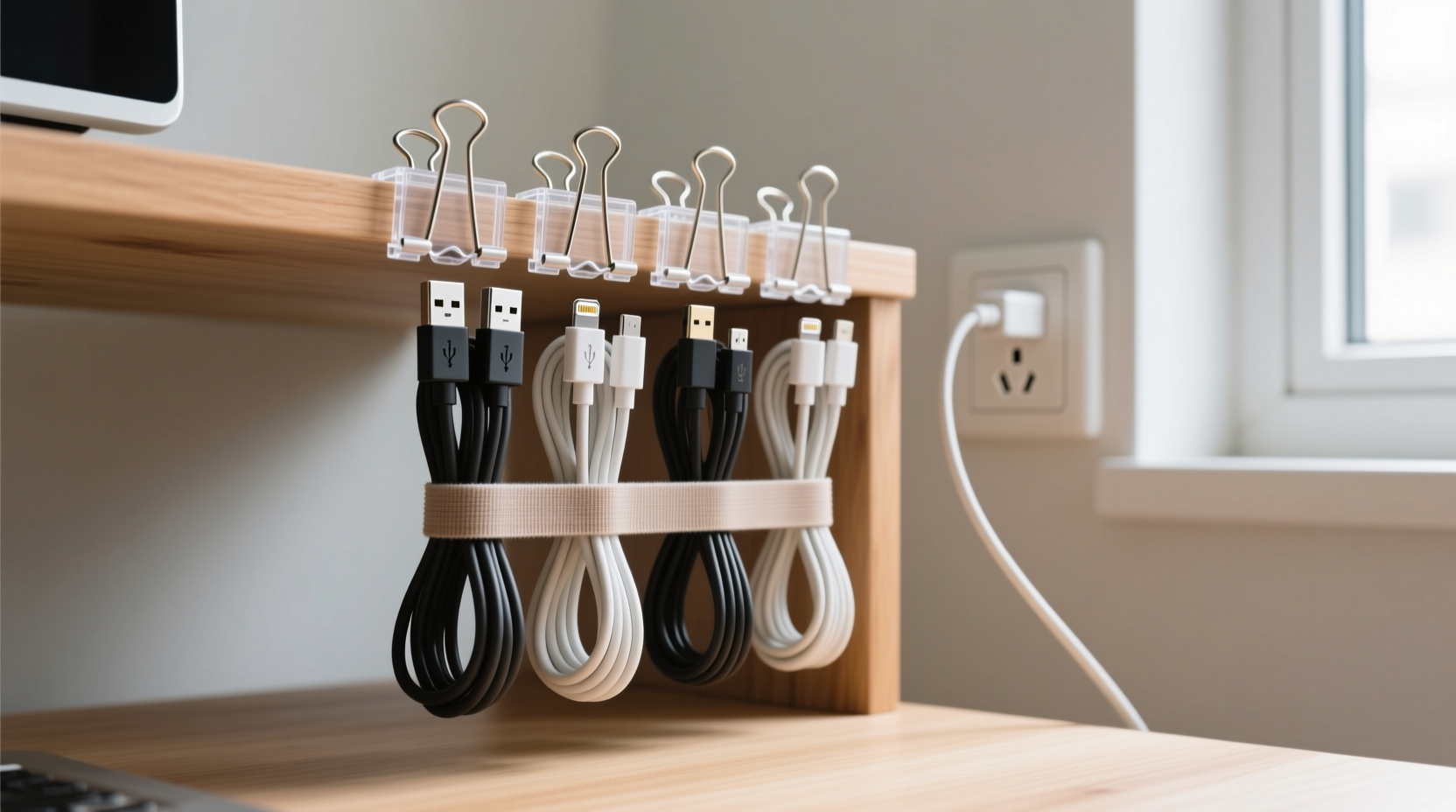 how to organize charging cables with binder clips and velcro
