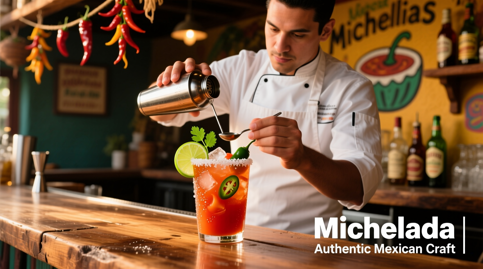 Chef preparing michelada cocktail with tomato juice and beer