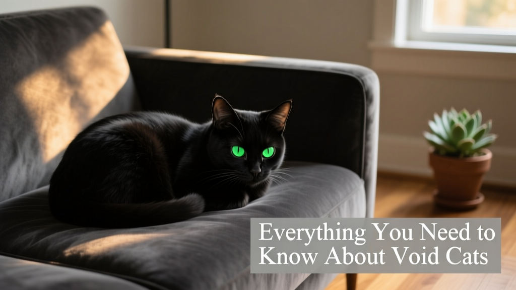 Black cat curled up on a dark gray sofa, nearly blending in — only its bright green eyes and subtle ear shape reveal its presence