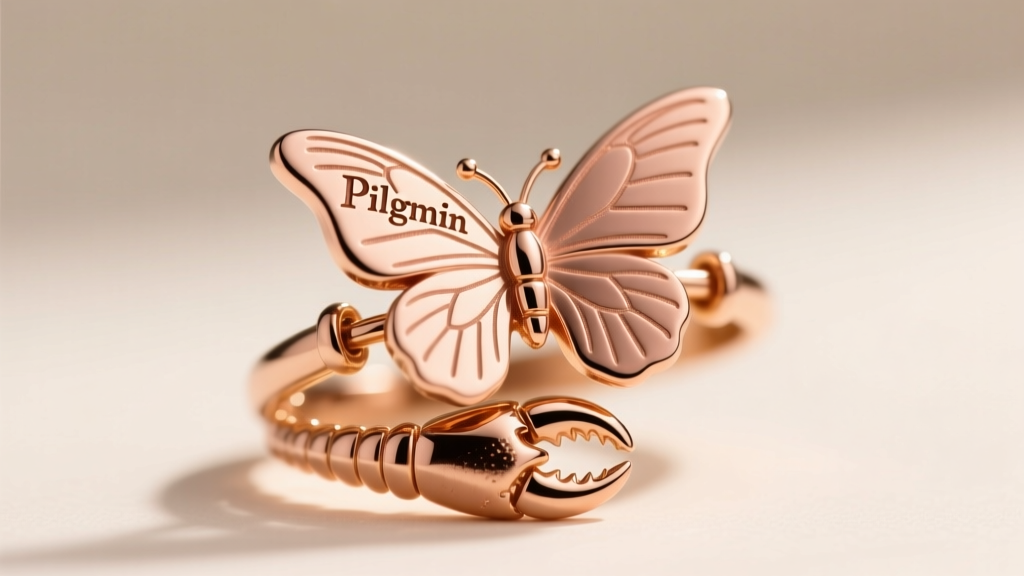 Macro photography of a butterfly pendant clasp showing the engraved Pilgrim logo and a sturdy lobster claw clasp in rose gold.