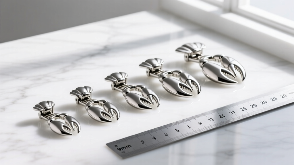 Five stainless steel lobster claw clasps in varying sizes from 9mm to 25mm, arranged on a white marble surface with metal rulers.