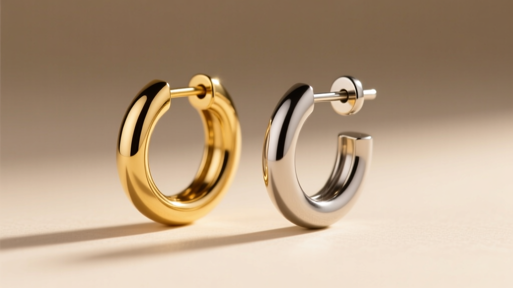 Close-up of double earring hoops showing a 15mm gold lobe hoop paired with a 10mm titanium helix clicker in soft light