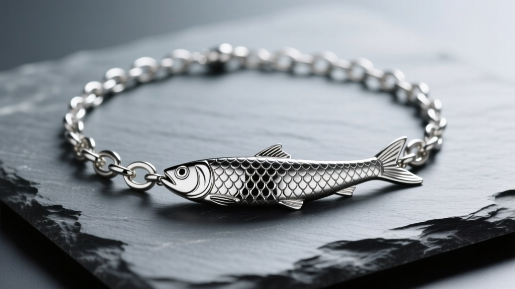 Silver sardine necklace on slate, lit by soft studio light to highlight overlapping scale links and smooth liquid metal drape.