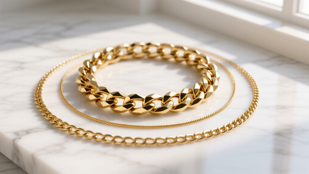 Flat lay of layered gold necklaces on marble: a 12mm chunky Cuban link, an 8mm Figaro chain, and a delicate 2mm cable chain
