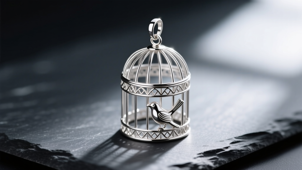 Close-up of an ornate 925 sterling silver bird cage necklace pendant with intricate filigree wires resting on dark slate.