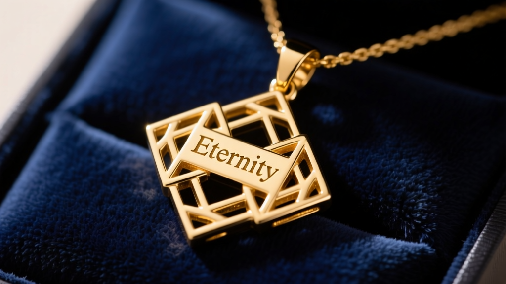 Close-up of a 14k gold filled interlocking pendant with engraved text, resting on dark velvet in soft, warm studio lighting.
