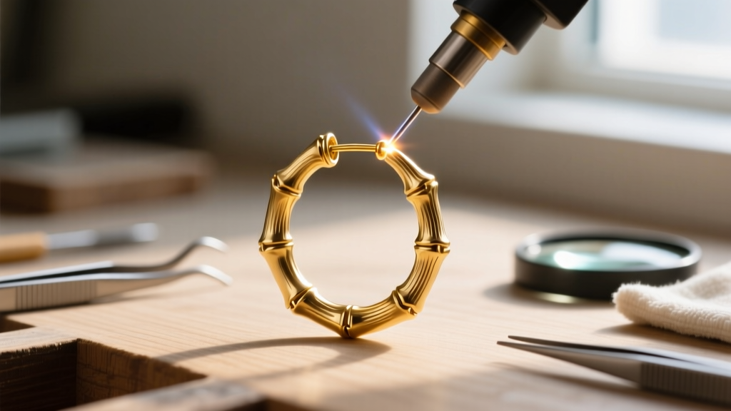 Jeweler workbench showing a 14k gold bamboo hoop earring being repaired with a laser welder, focusing on the soldered post joint