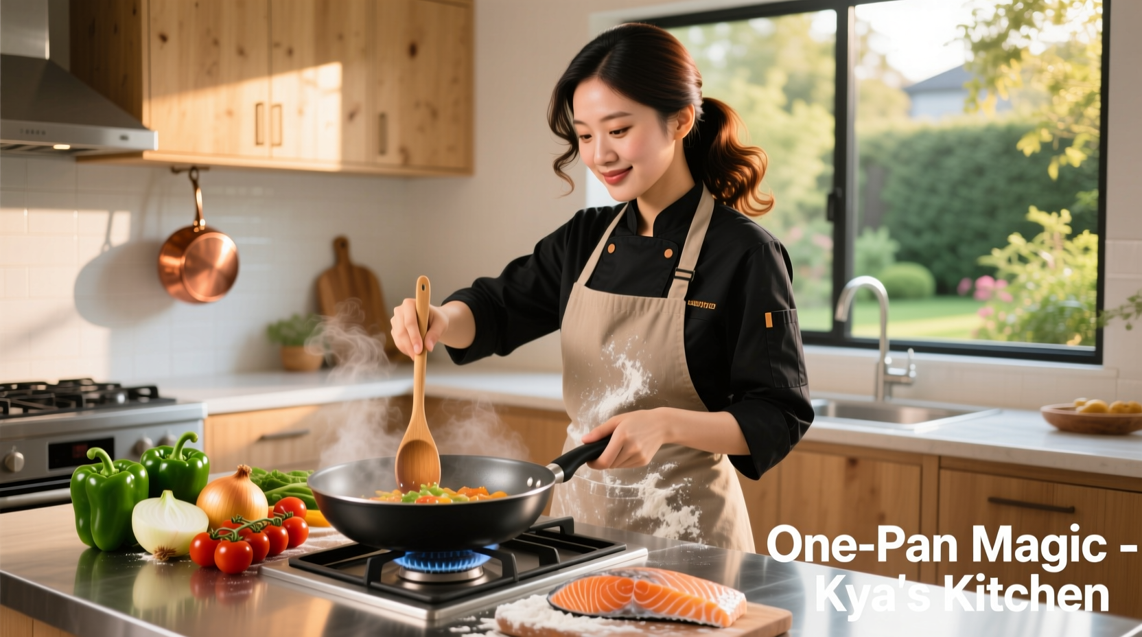 Kya demonstrating one-pan cooking technique with fresh ingredients