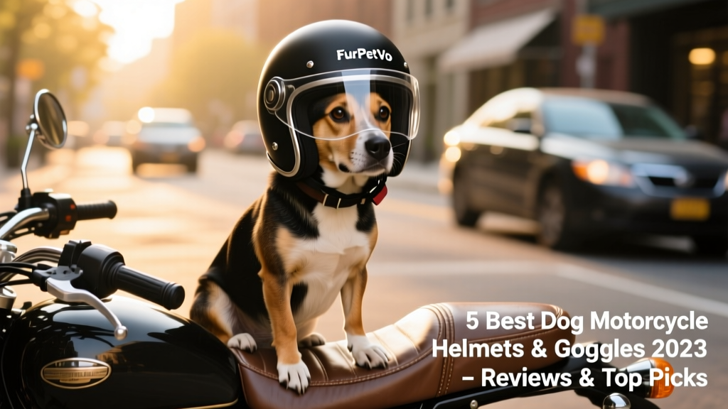 A medium-sized dog wearing a black FurPetVo motorcycle helmet with a clear visor, sitting calmly on a motorcycle seat