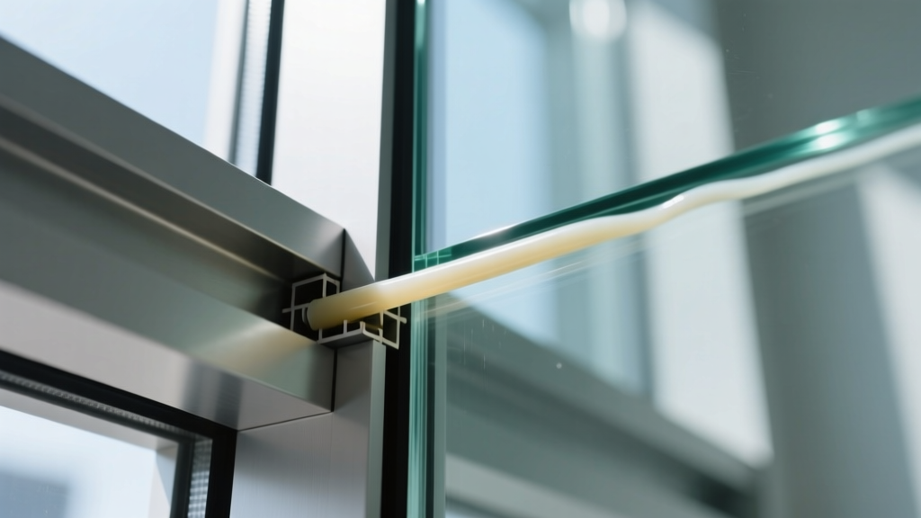 Close-up of a structural polyurethane adhesive bead being applied between an extruded aluminum mullion and a tempered glass curtain wall panel
