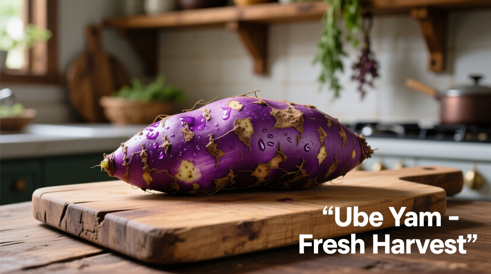 Fresh purple ube yam on wooden cutting board