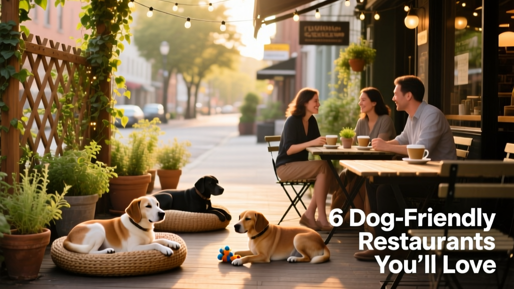A cozy, sunlit cafe patio with dogs resting near their owners’ tables, surrounded by greenery and string lights