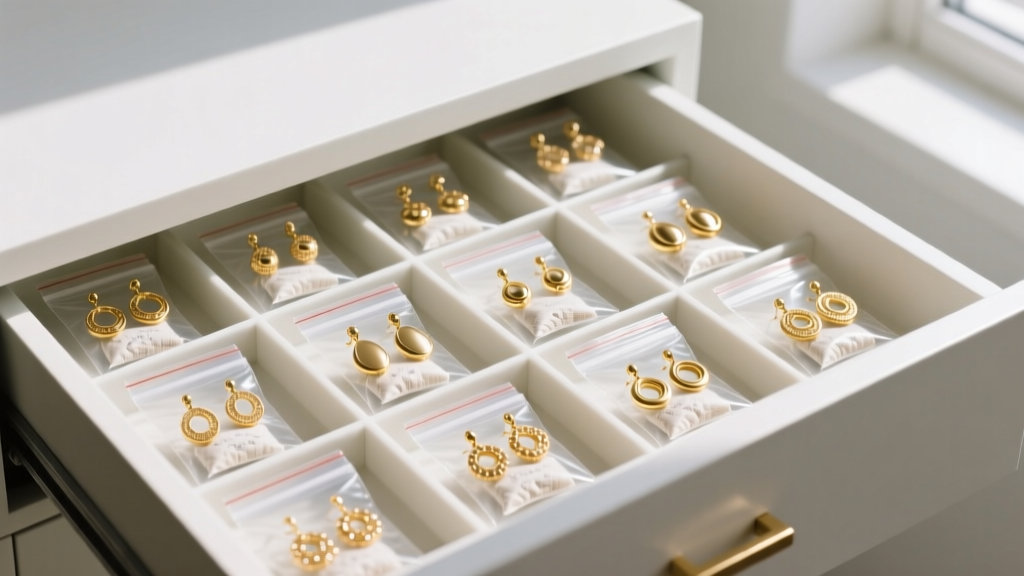 Organized drawer showing gold-plated earrings stored individually in anti-tarnish ziplock bags with small silica gel packets.