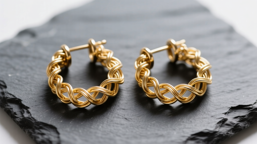 Handmade gold-filled wire crochet hoop earrings resting on dark slate, showing intricate woven loops and secure latch-back clasps