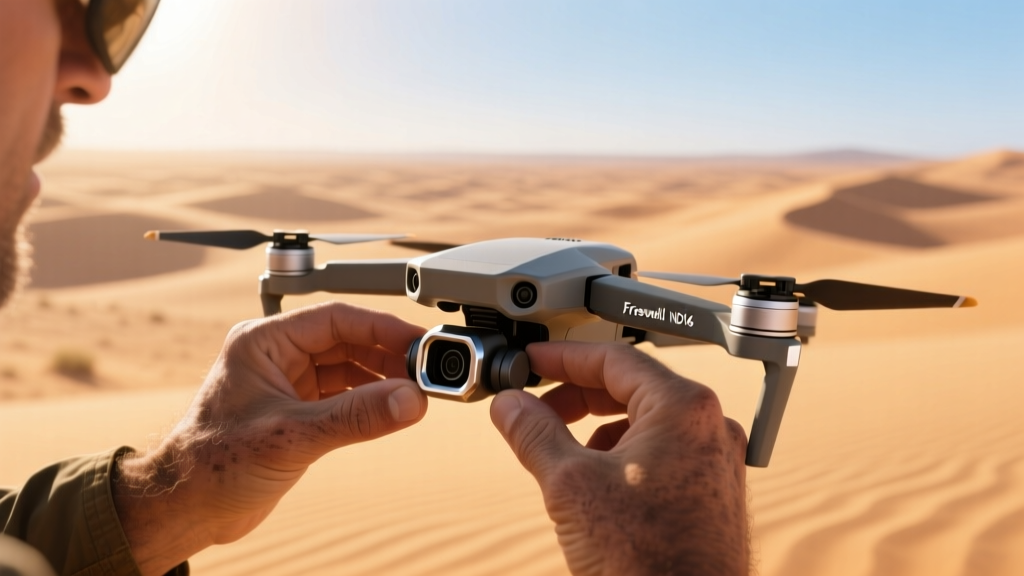 Hands of a drone pilot snapping a Freewell magnetic ND16 filter onto the gimbal of a DJI Mini 4 Pro in a bright, sunlit desert environment