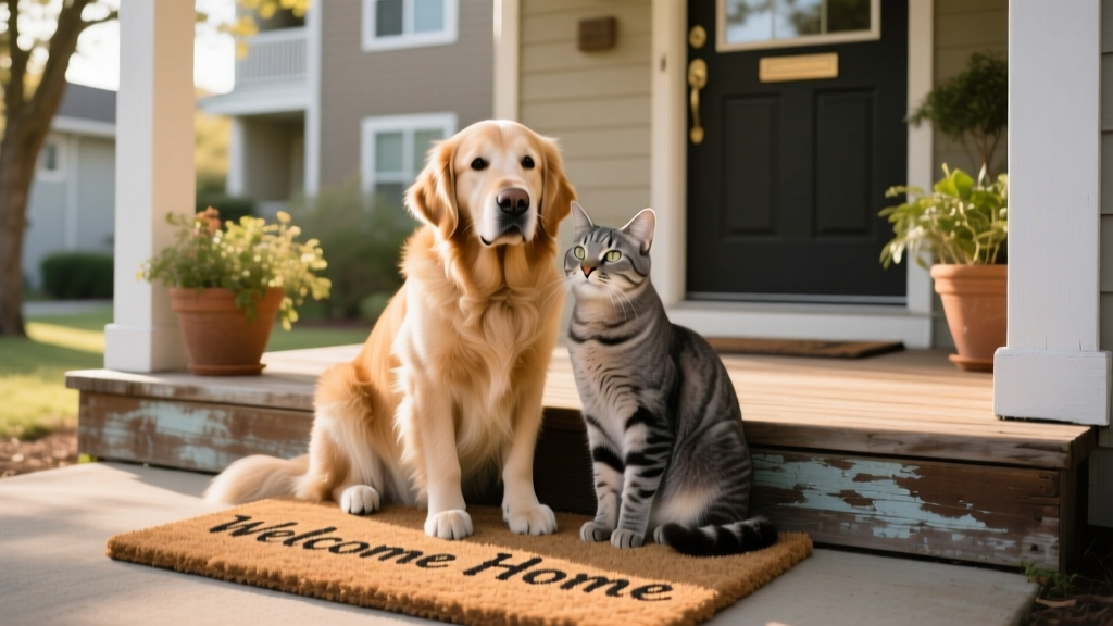 A friendly, well-groomed dog and cat sitting side by side near a “Welcome Home” doormat, symbolizing harmonious pet-inclusive living