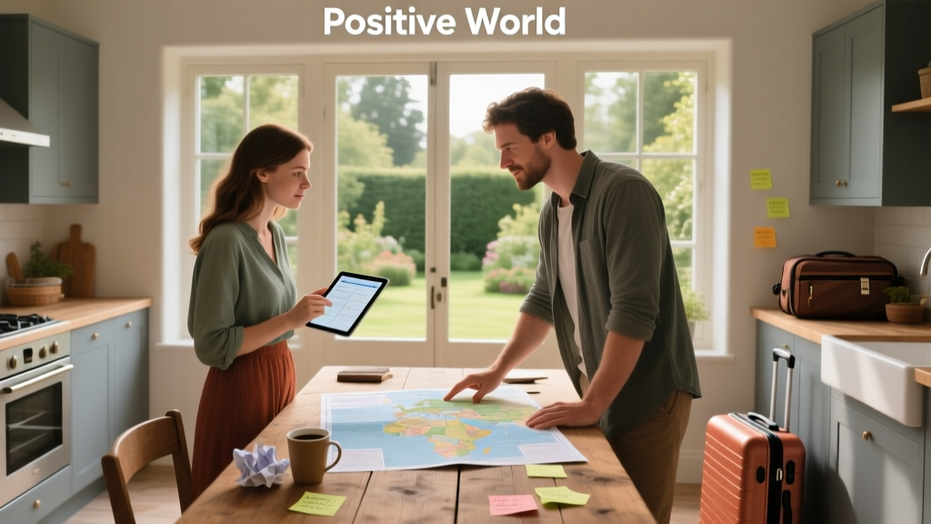 Elise and Anthony from Positive World travel posing for a photo at a table