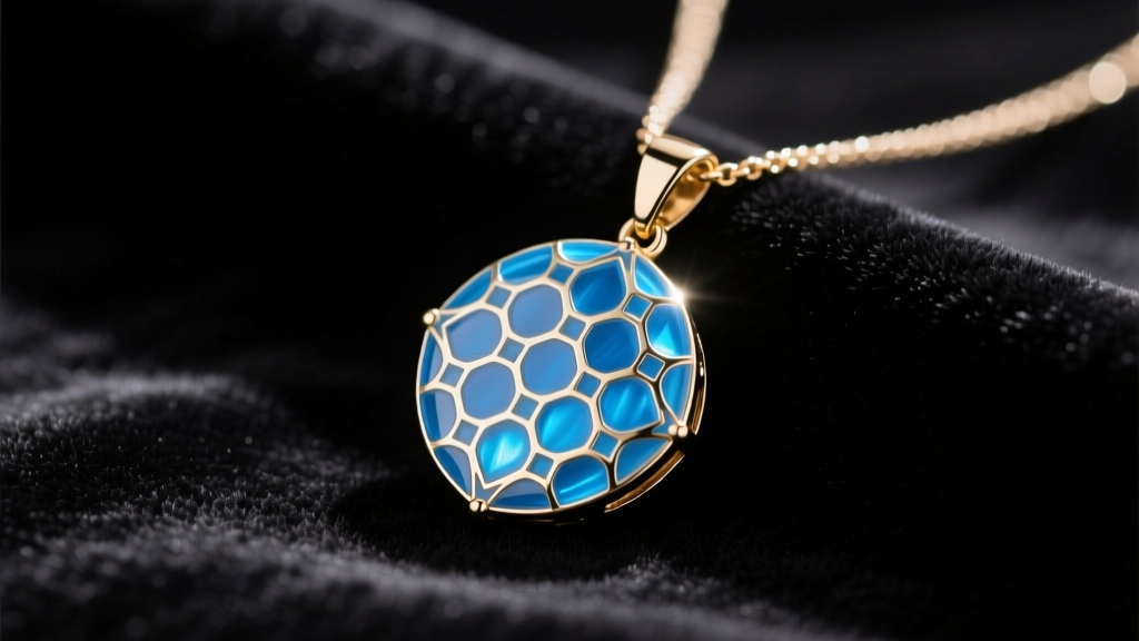 A guilloché enamel pendant necklace in translucent sapphire blue resting on dark velvet under soft, warm studio lighting.