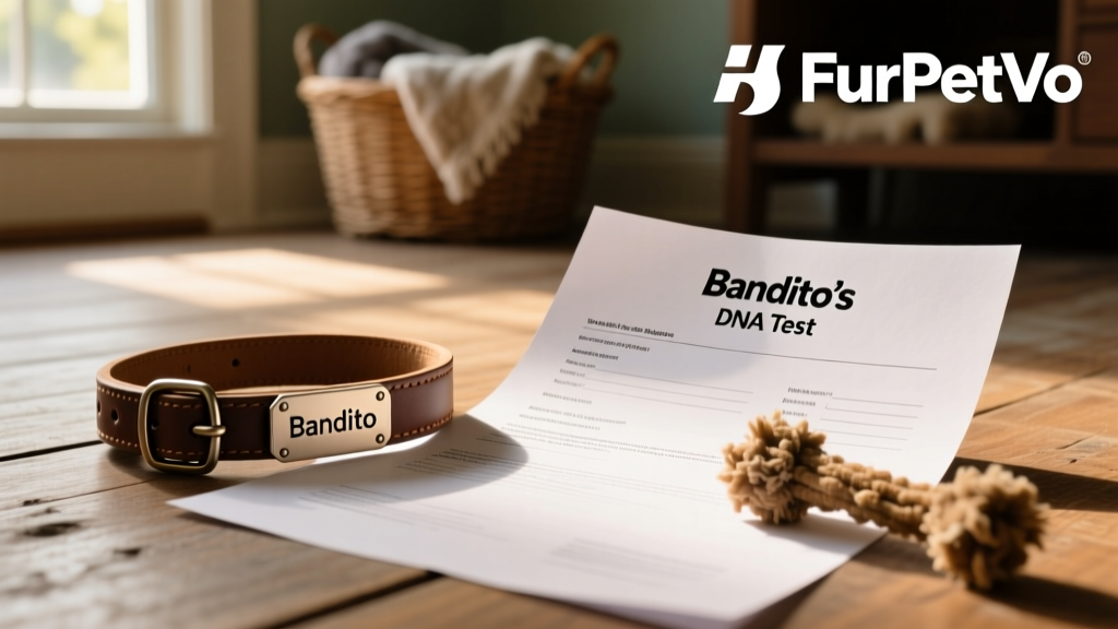 Close-up of Bandito’s DNA test report with FurPetVo logo visible, next to a collar and favorite chew toy