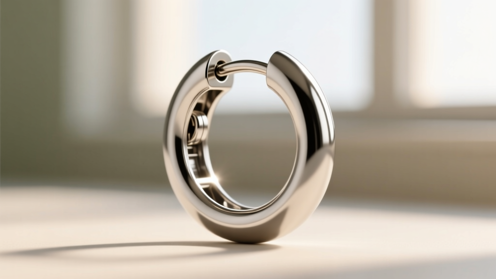 Macro shot of a 16g titanium clicker hoop earring hinge mechanism showing secure snap closure against a softly blurred background.