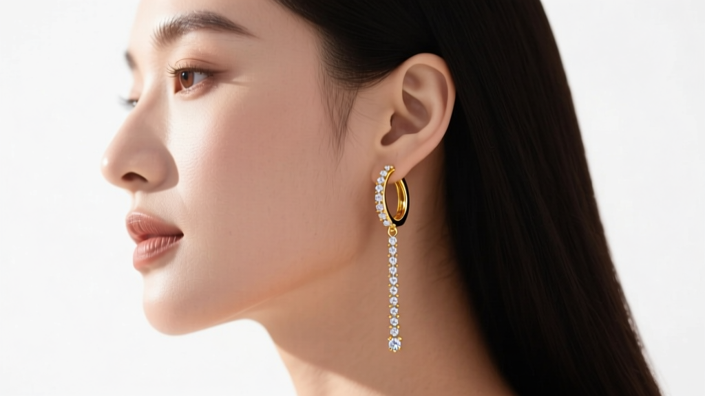 Side profile of a woman wearing 14k yellow gold drop hoop diamond earrings with an articulated pavé diamond chain dangling softly