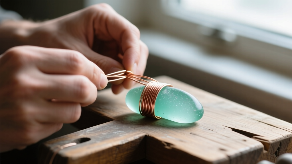 Hands wrapping 20-gauge copper wire around frosted, sea-foam green beach glass on a wooden jeweler
