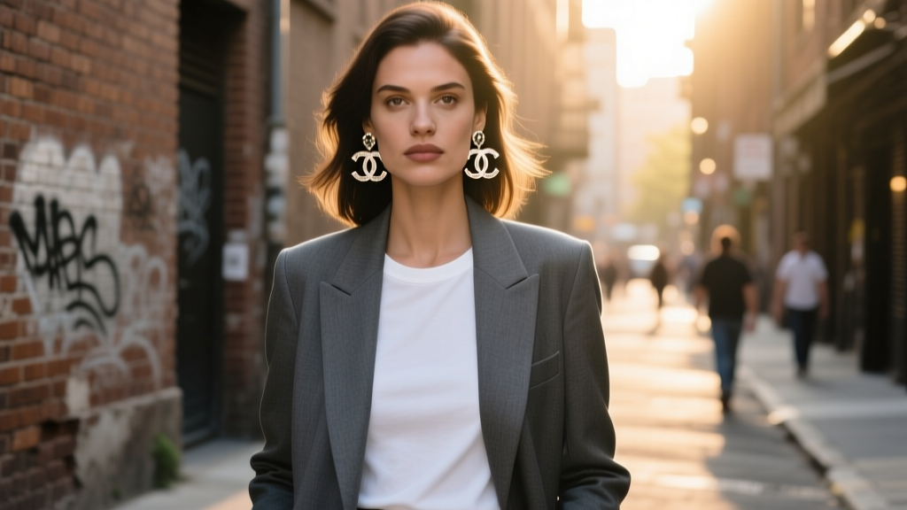 Cinematic 35mm street portrait of a woman in a charcoal blazer and white tee, wearing large interlocking CC Coco earrings.