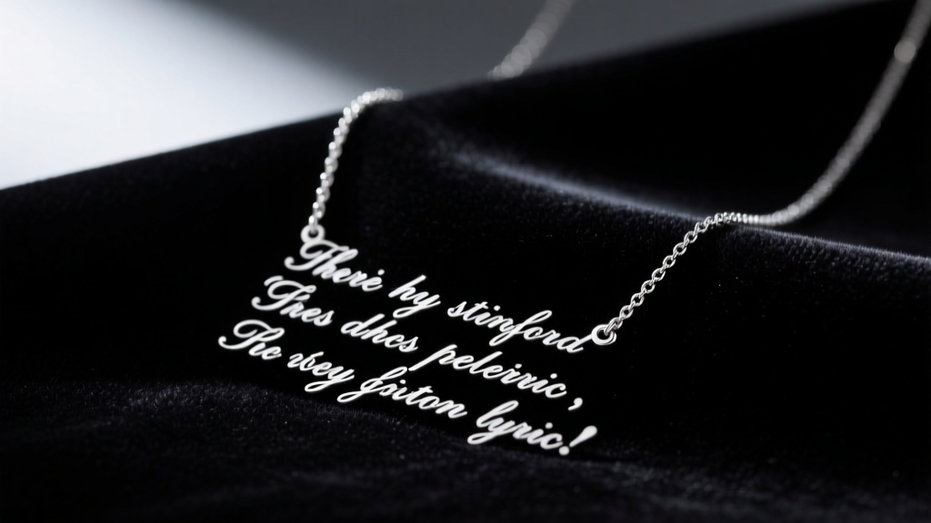 Sterling silver lyric necklace on dark velvet, showing laser-engraved cursive song text under soft, directional studio lighting.