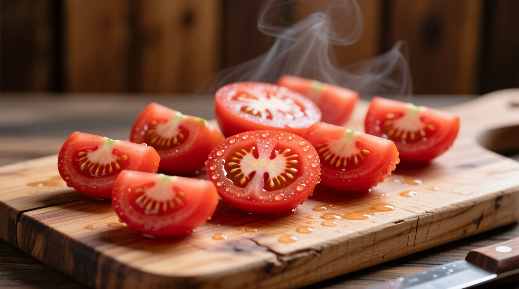 Fresh red tomato slices on wooden cutting board