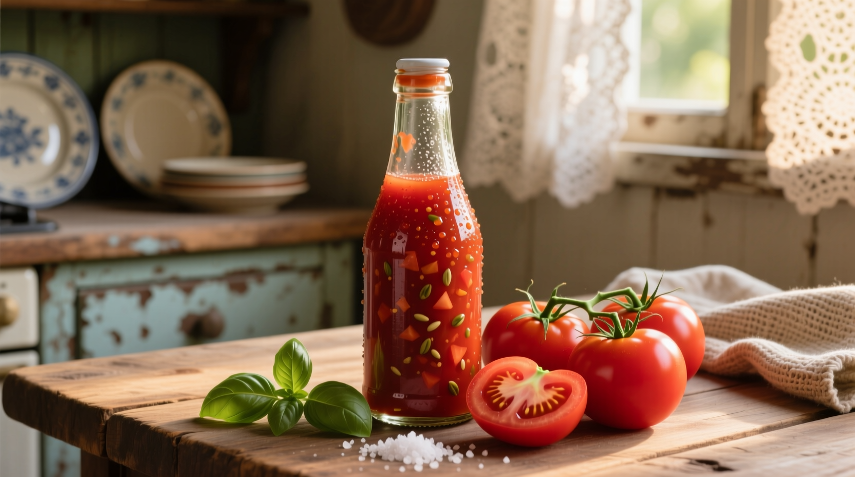 Homemade tomato ketchup in glass bottle with fresh tomatoes