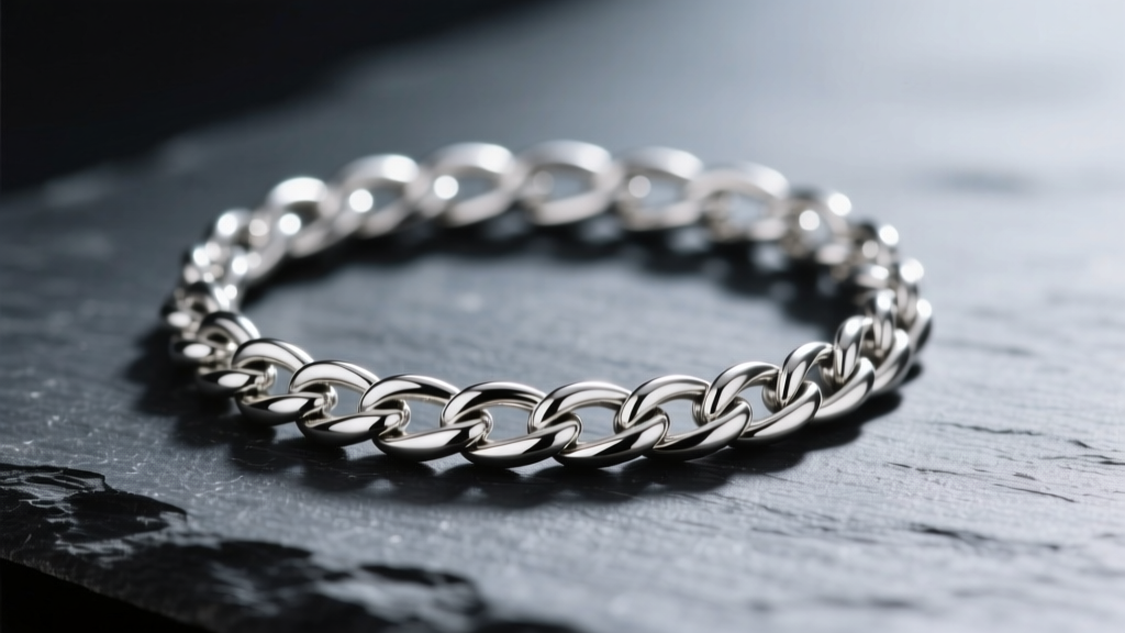 Macro of 4mm 925 sterling silver herringbone chain on dark slate, side lighting highlighting the smooth liquid metal reflections.