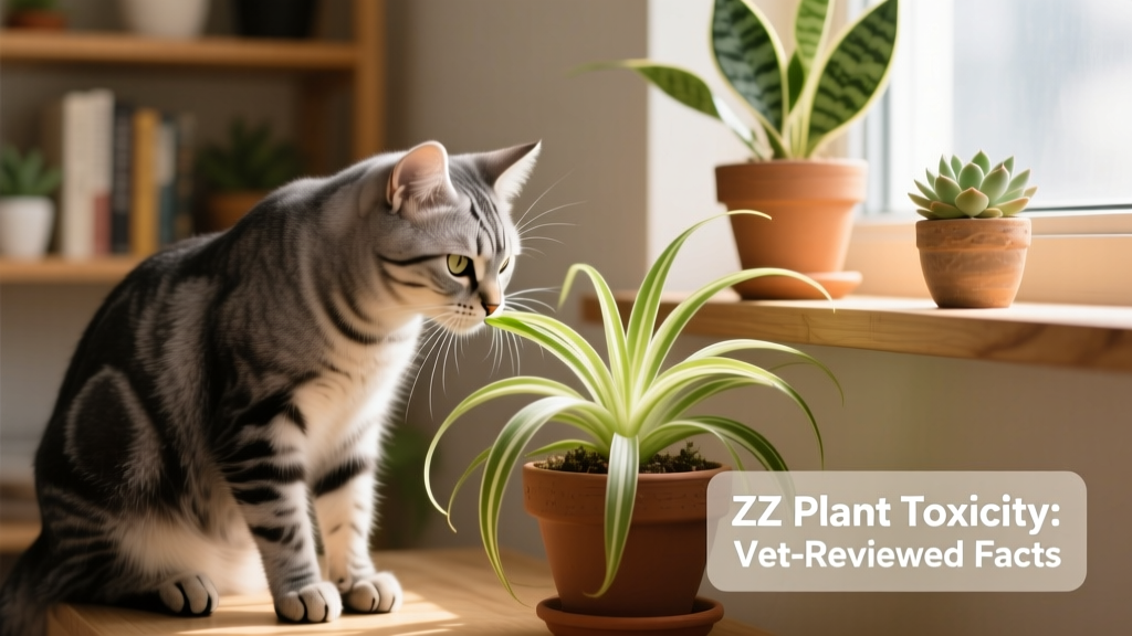A cat gently sniffing a potted spider plant while ignoring a nearby ZZ plant on a higher shelf