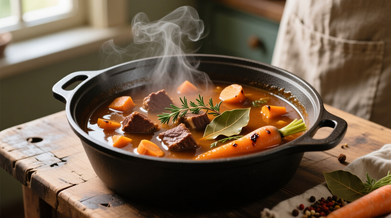 Beef stew simmering in cast iron pot with carrots
