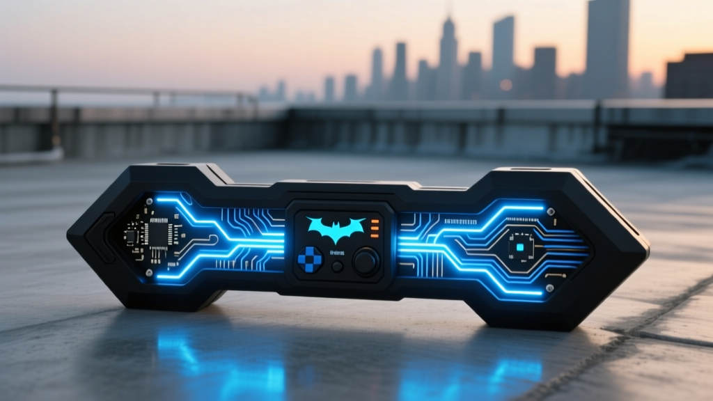 A custom-built Remote Electrical Charge prop with glowing blue neopixel LEDs and exposed wiring mimicking the Arkham Knight REC gadget.