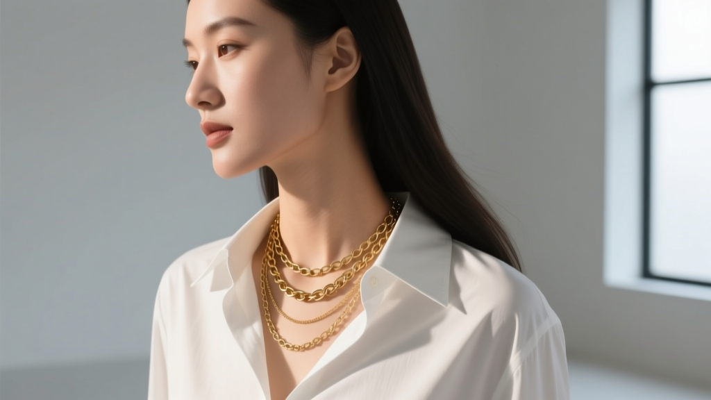 Side profile of a woman wearing layered delicate gold-tone vintage chain necklaces over a crisp white button-down shirt collar