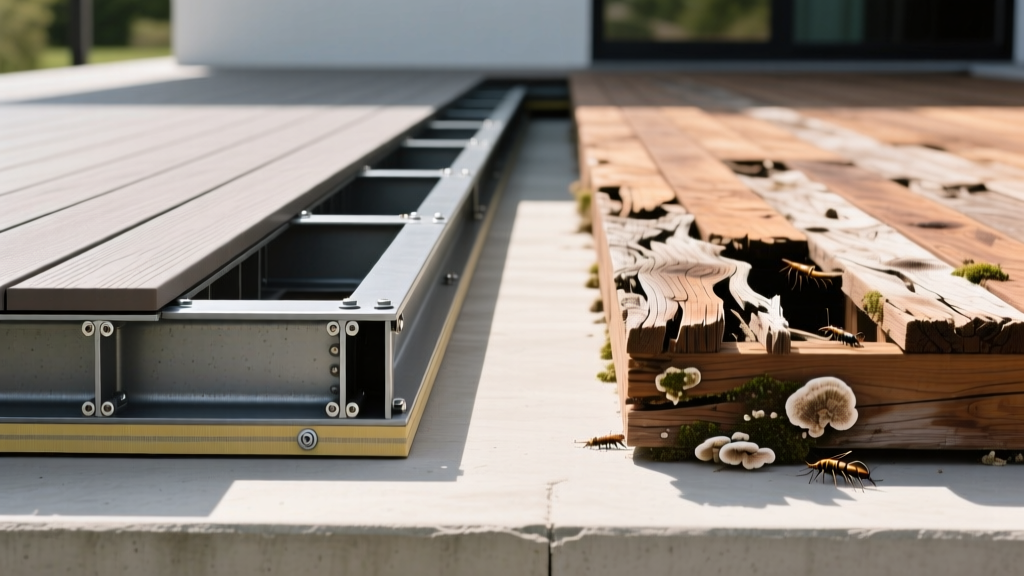 Cross-section of a modern composite deck showing steel framing, joist tape, and hidden fasteners next to a traditional rotting wood deck