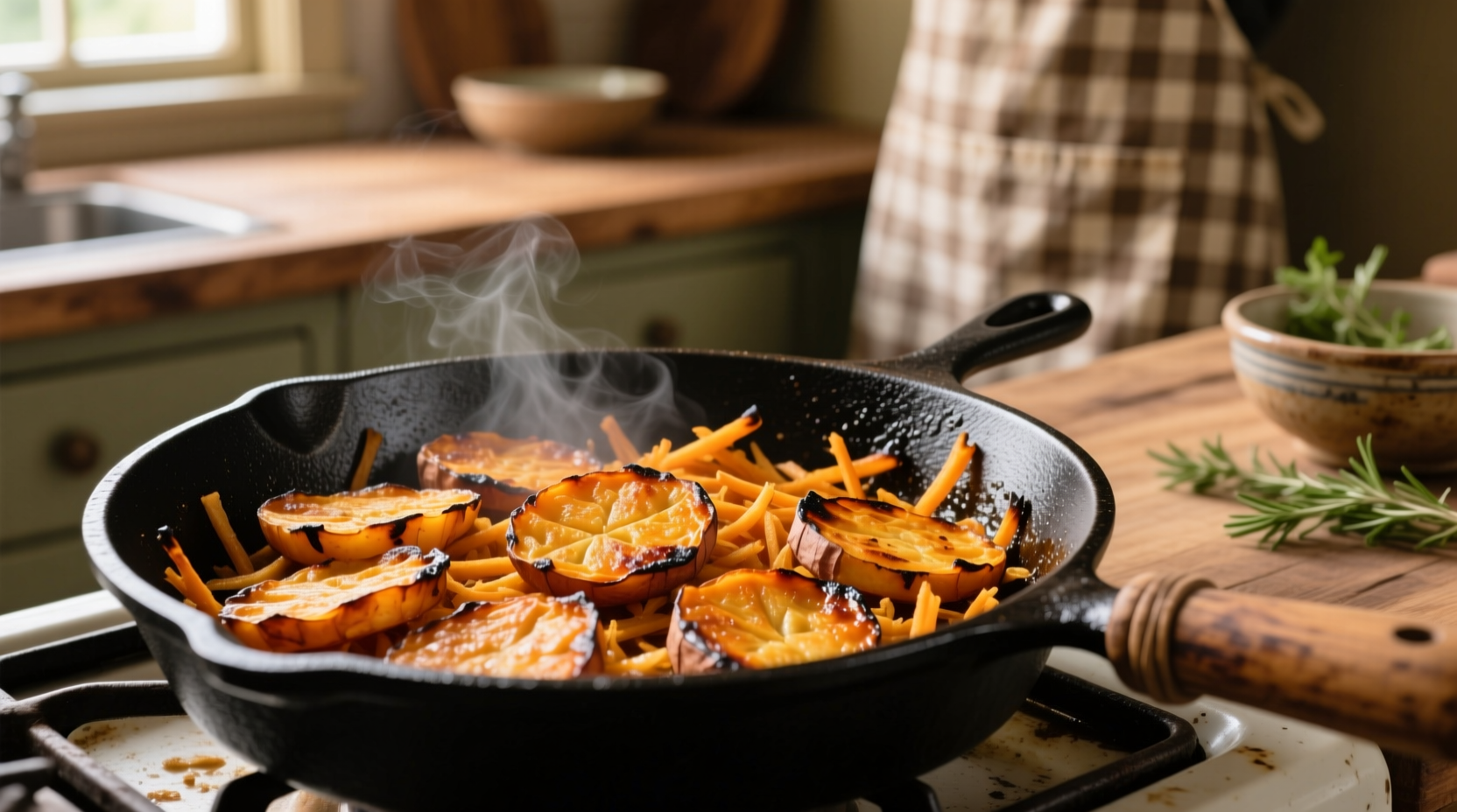 Crispy golden sweet potato hash browns in cast iron skillet