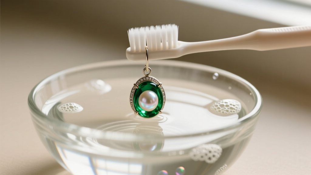 Soft toothbrush gently cleaning an intricate emerald and pearl drop earring in a shallow glass bowl of lukewarm soapy water.